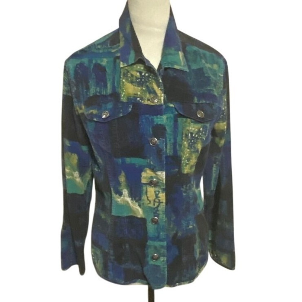 Chico's M Boho Abstract Shirt/Jacket‎ Vibrant Blue Green Yellow Corduroy Chico 1